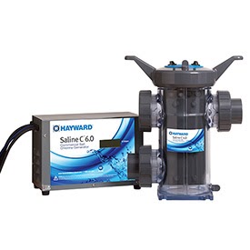 a black Hayward saltwater chlorine generator for a swimming pool