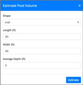 Image of Pool Volume Calculator showing inputs: shape, length, width, and average depth
