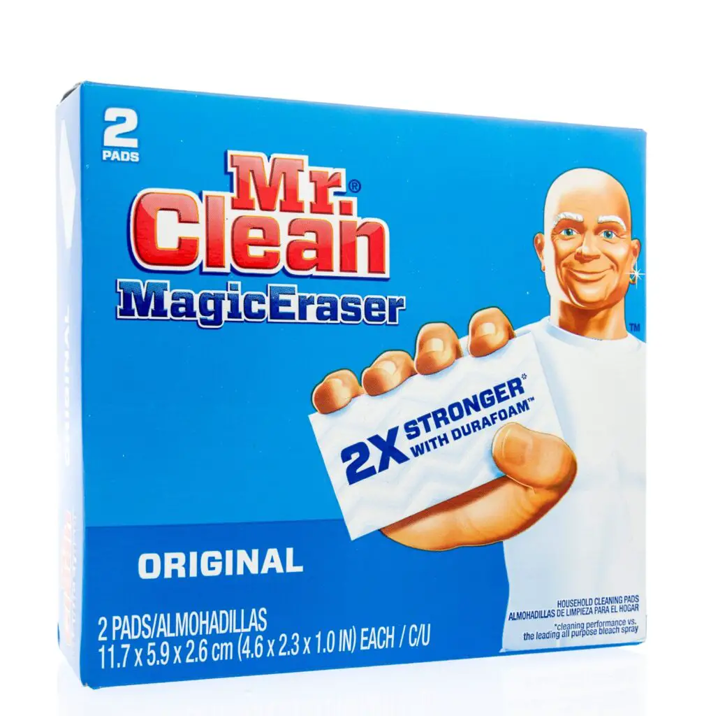 a box of two Mr. Clean magic erasers with Mr. Clean on the front holding a magic eraser